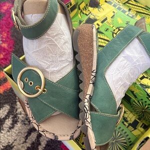FLY London Green Leather Sandals - Gold Buckle